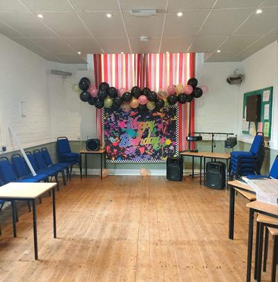 Marsh Green Village Hall set up for a Birthday Party